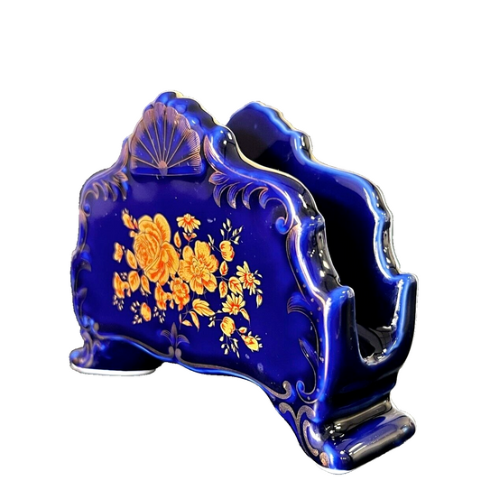 Napkin Holder, Cobalt Blue Scalloped Porcelain Napkin Holder w/Gold Flowers/Trim