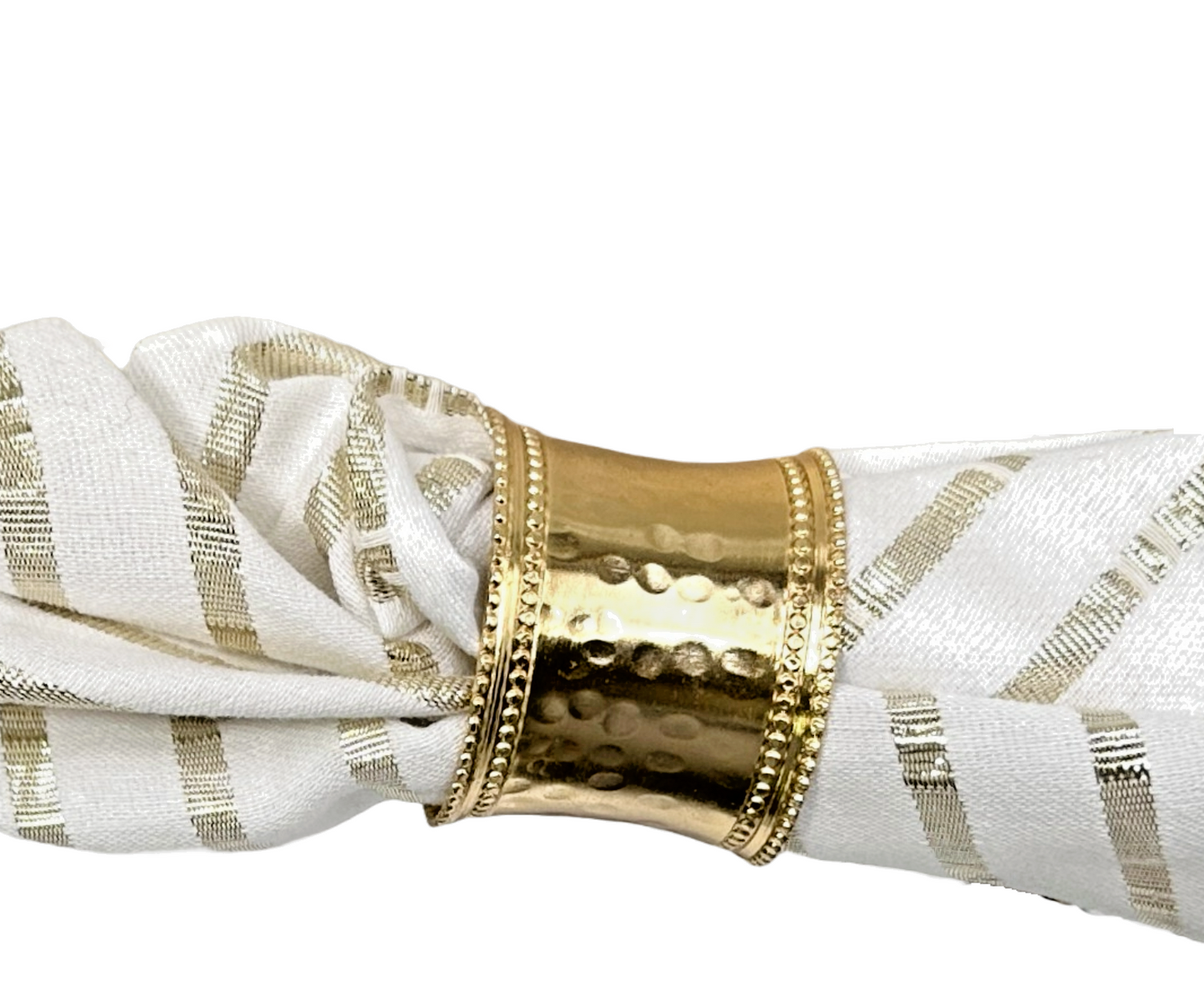 Gold Napkin Rings, Round Band Wide Hammered Cuff with Double Beaded Rim Set of 4