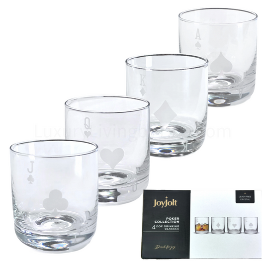 JoyJolt Poker Collection Whiskey Drinking Glasses 10oz Lead Free Glass Set of 4