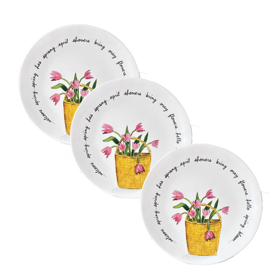 8" Salad Side Plate April Showers Bring May Flowers Basket of Pink Tulips Set/3