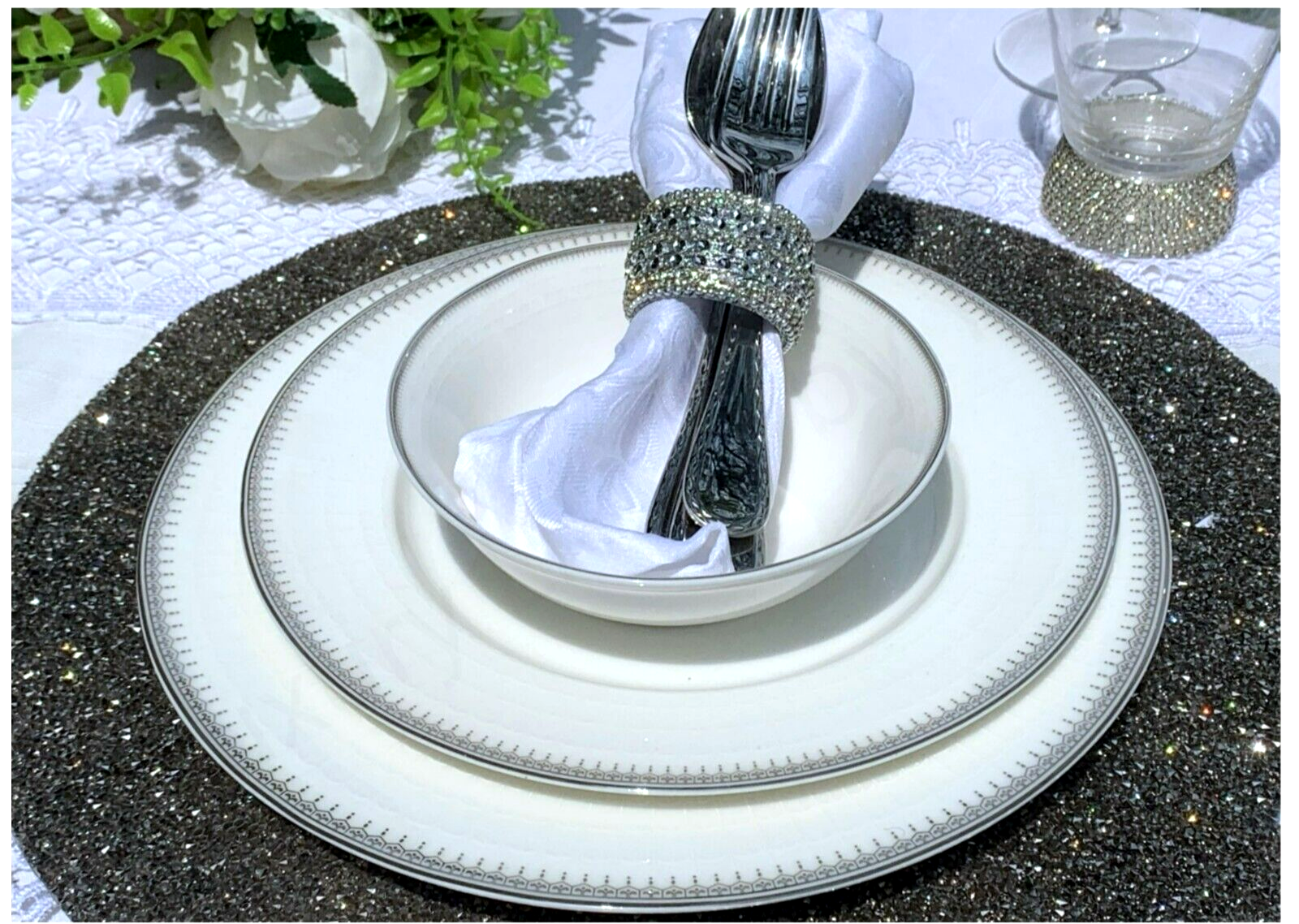 Joseph Sedgh 8" SHERRY Plate White Fine Bone China Silver Dotted Raised Rim