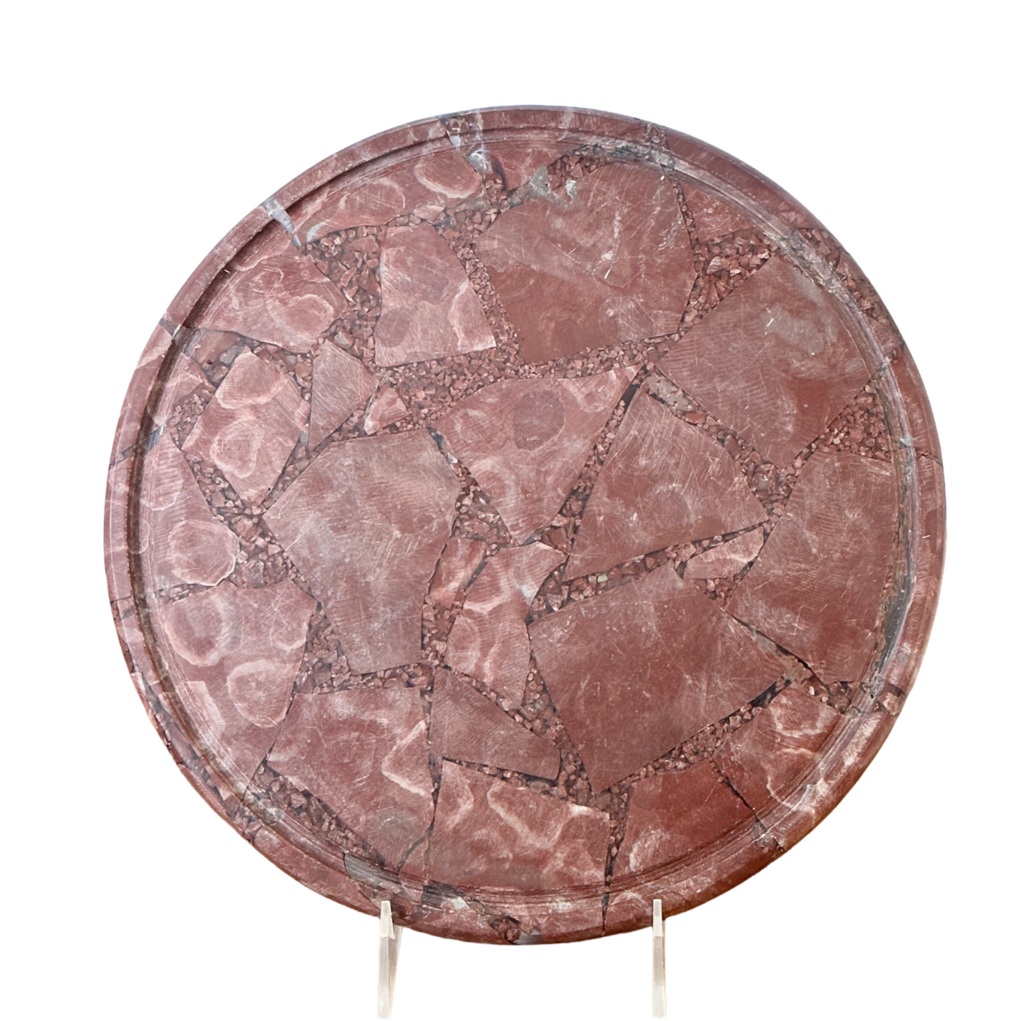Broken Red Stone Cake Stand Tray with Marble Texture & Round Silver Feet