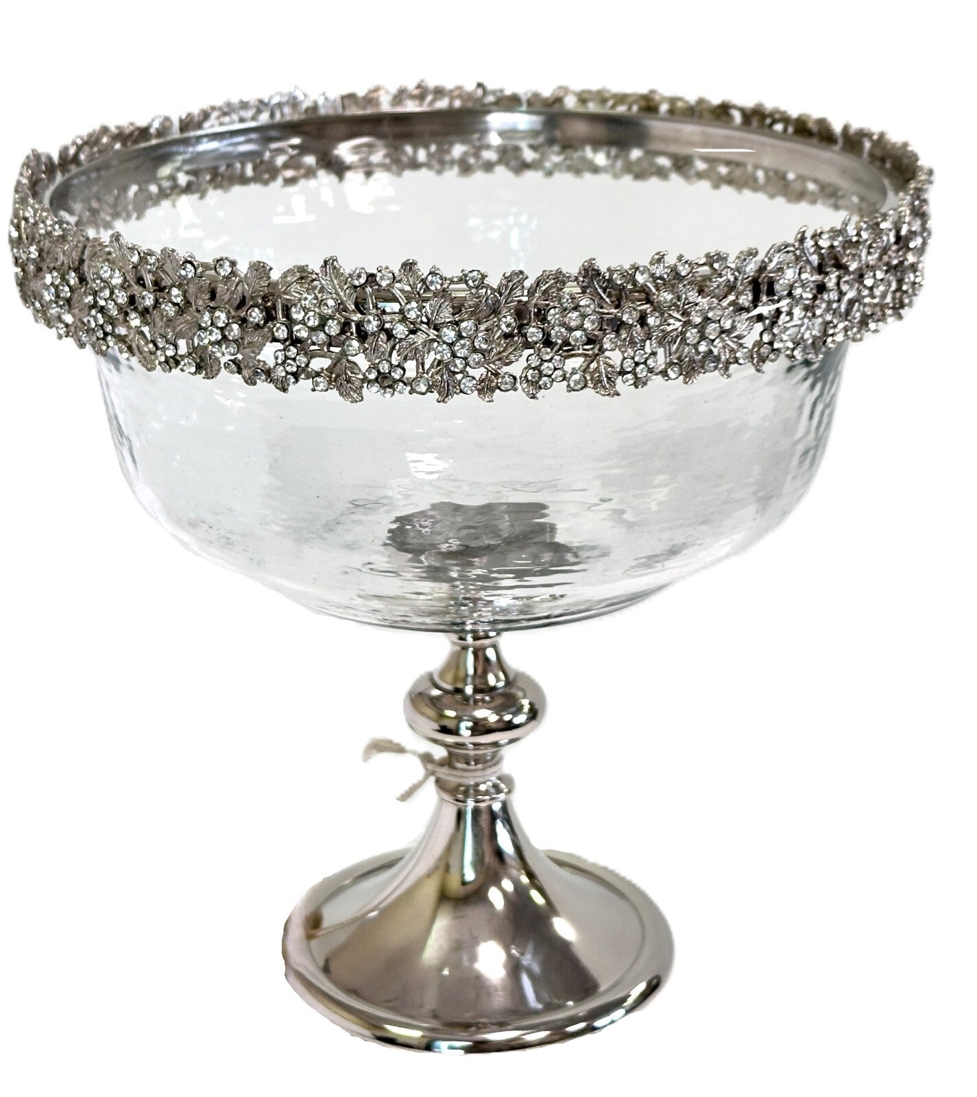 Tall Pedestal Fruit Salad Bowl Clear Glass Silver Base & Silver Crystal Rim