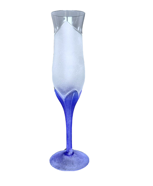 Champagne Flute, Cordial, Frosted Glass Tulip Shape, Frosted Cobalt Blue Stem x2