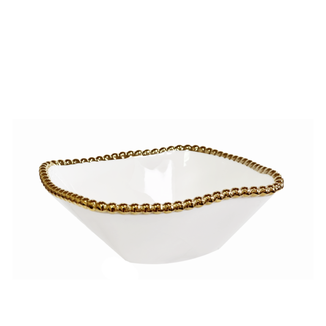 Square Dinner Cereal Bowl, Porcelain White with Gold Beaded Trim by La Pinetina