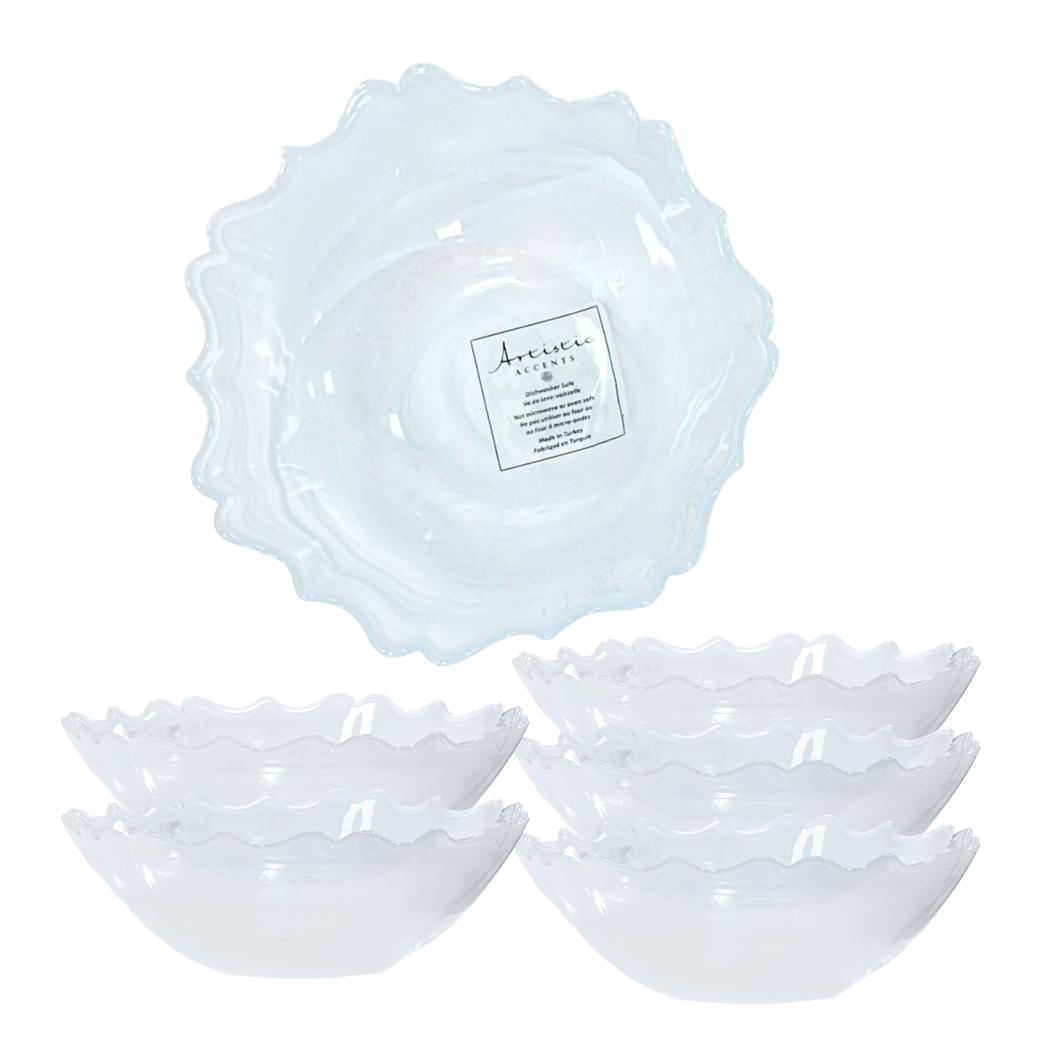 6" Salad Bowls White Translucent Swirls & Scalloped Rim by Artistic Accents Set6