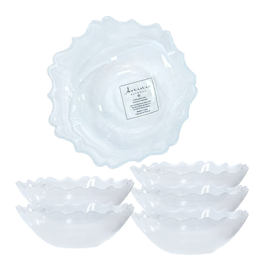 6" Salad Bowls White Translucent Swirls & Scalloped Rim by Artistic Accents Set6