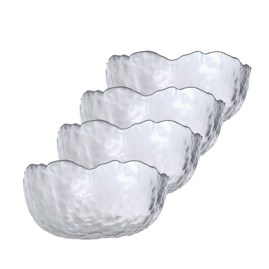 Asymmetrical Clear Bowl Frosted Textured Glass Set/4 Fruit Cereal Ice Cream etc.