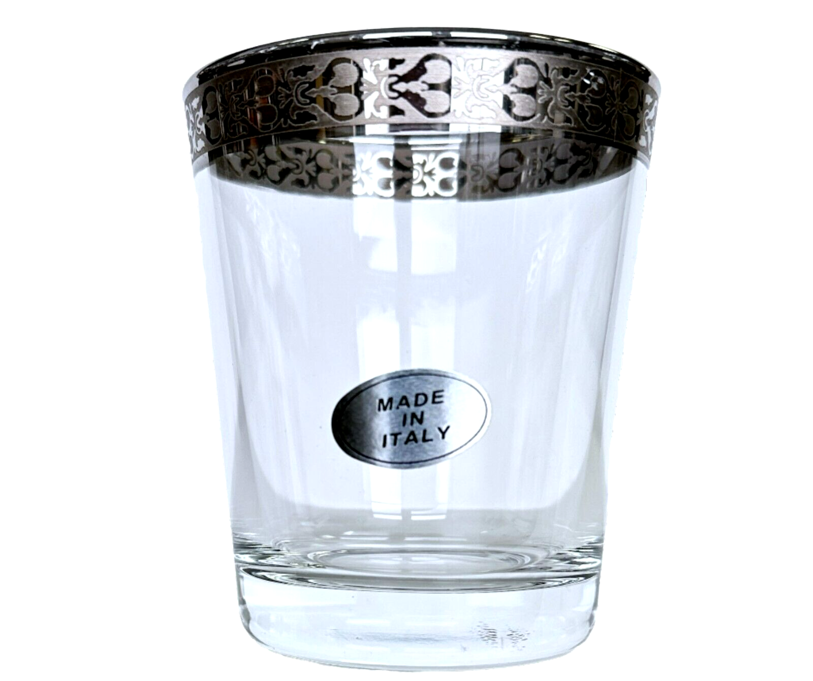 Whiskey Old Fashioned, Lowball Glass Mediterranean Style Etched Silver Rim Set/4