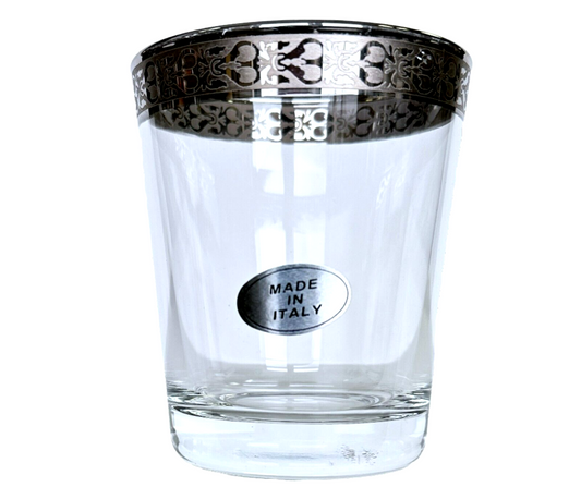 Whiskey Old Fashioned, Lowball Glass Mediterranean Style Etched Silver Rim Set/4