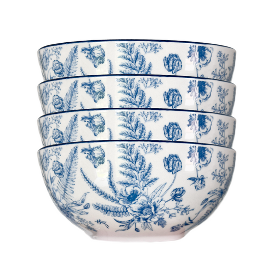 Medici Artena Toile 6.25" Salad Side Bowls Blue Floral On White Blue Trim Set/4