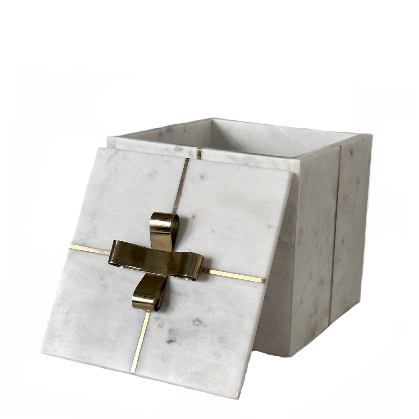 Marble Square Gift Box with Brass Bow & Ribbon on a Removable Lid  7x7x7