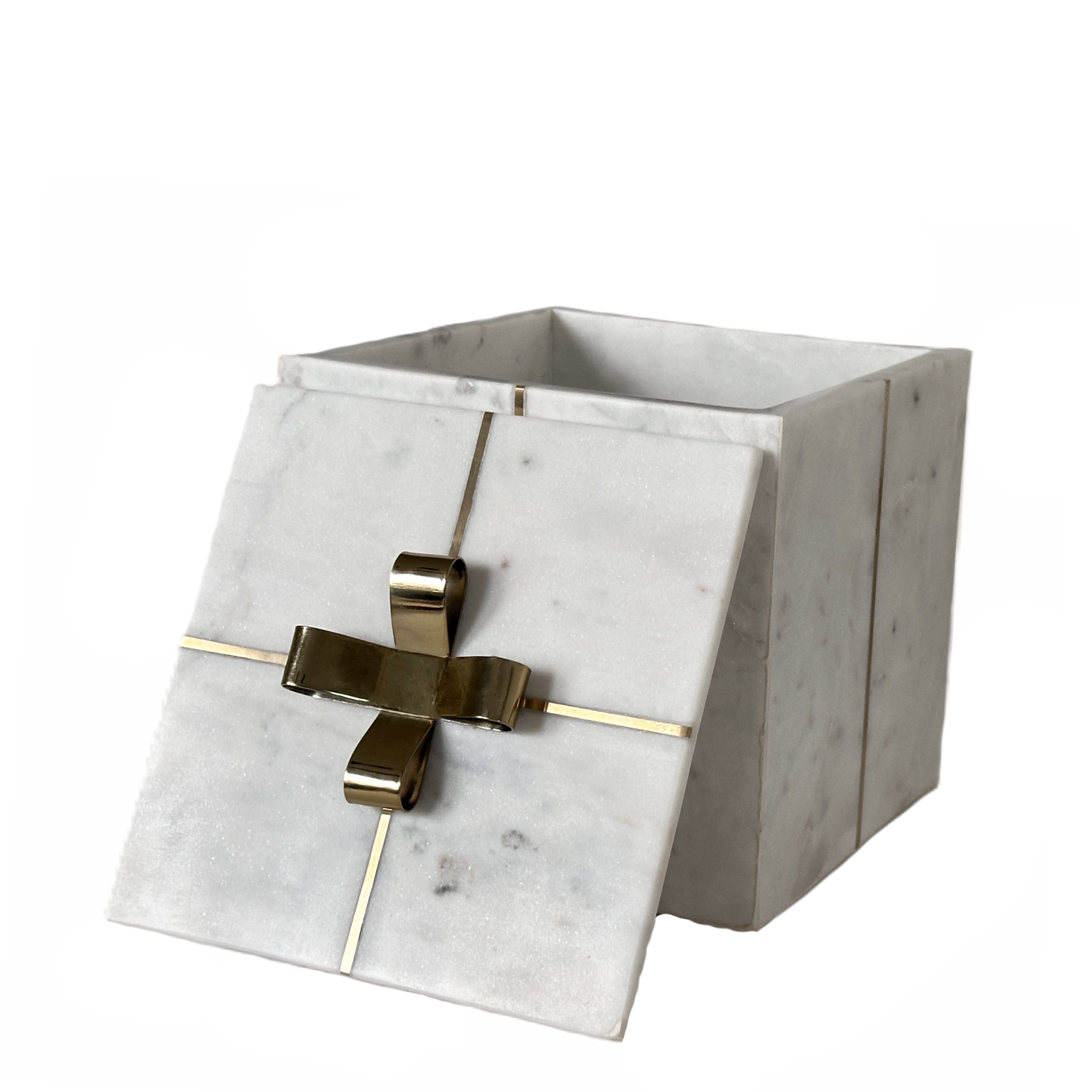 Marble Square Gift Box with Brass Bow & Ribbon on a Removable Lid  7x7x7