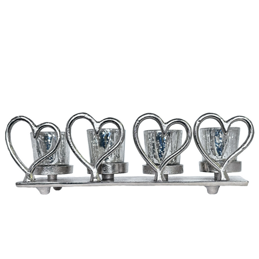 4 Antique Inspired Glass Votive Candle Holders on Metal Base with 4 Metal Hearts