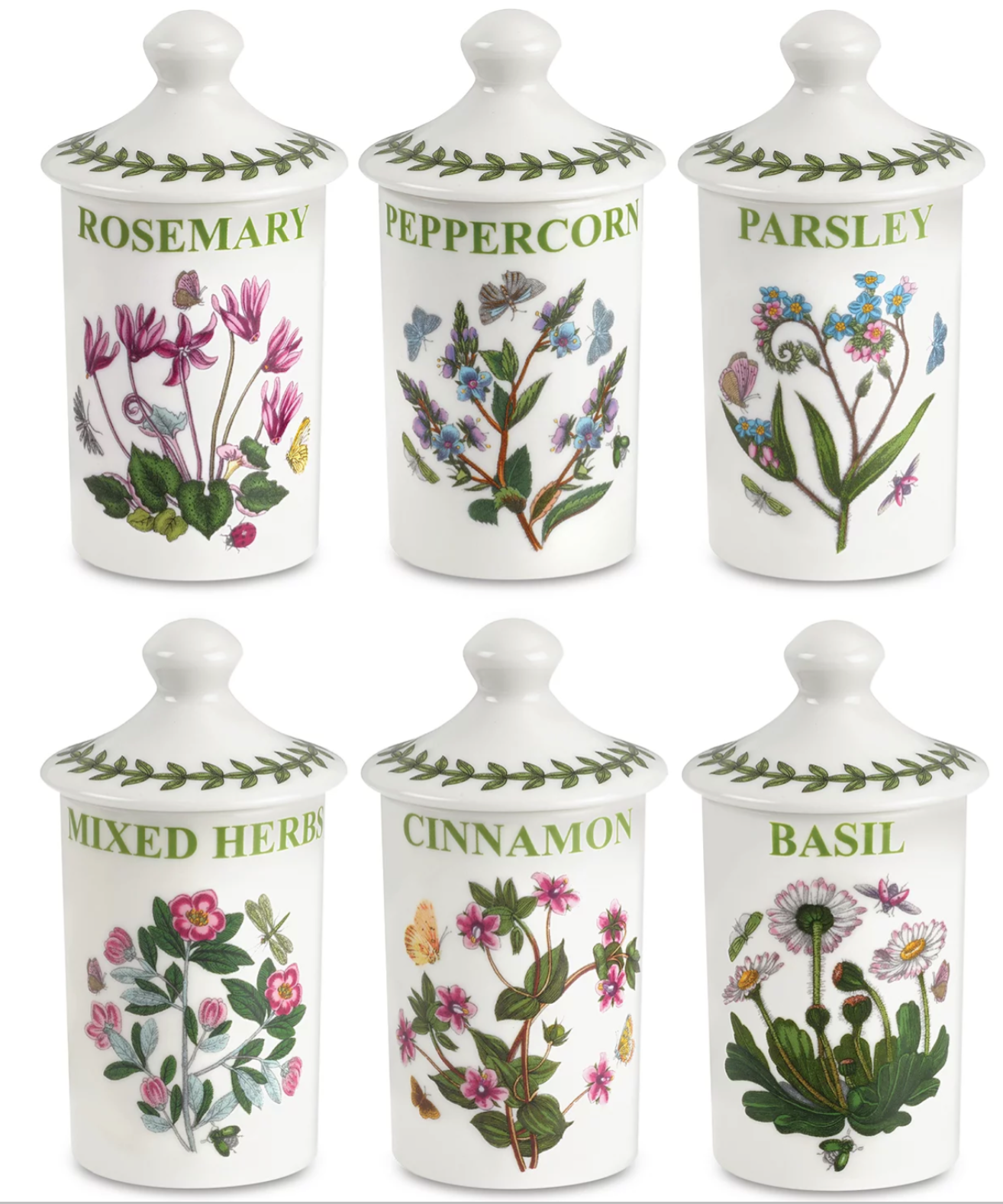 Portmeirion Porcelain Botanic Garden 6-Pc Herb & Spice Jar Set w Sealable Lids