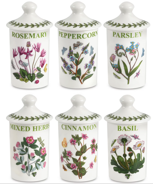 Portmeirion Porcelain Botanic Garden 6-Pc Herb & Spice Jar Set w Sealable Lids