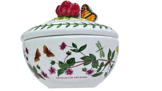 PORTMEIRION Trinket Box w/Lid Botanic Garden Bouquet Vibrant Flowers & Butterfly
