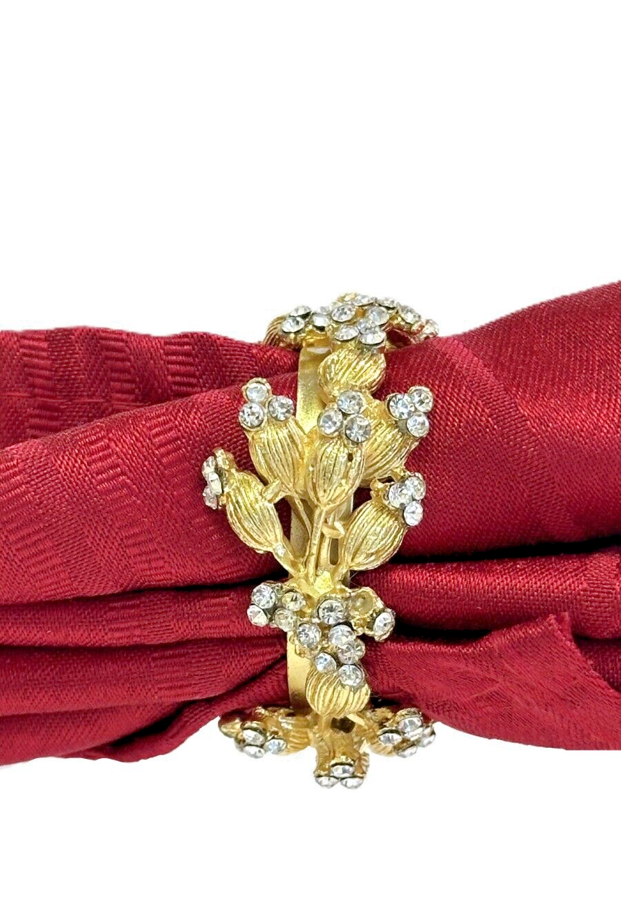 Gold Napkin Rings with Sparkling Bling on Gold Etched Floral Buds and Vines
