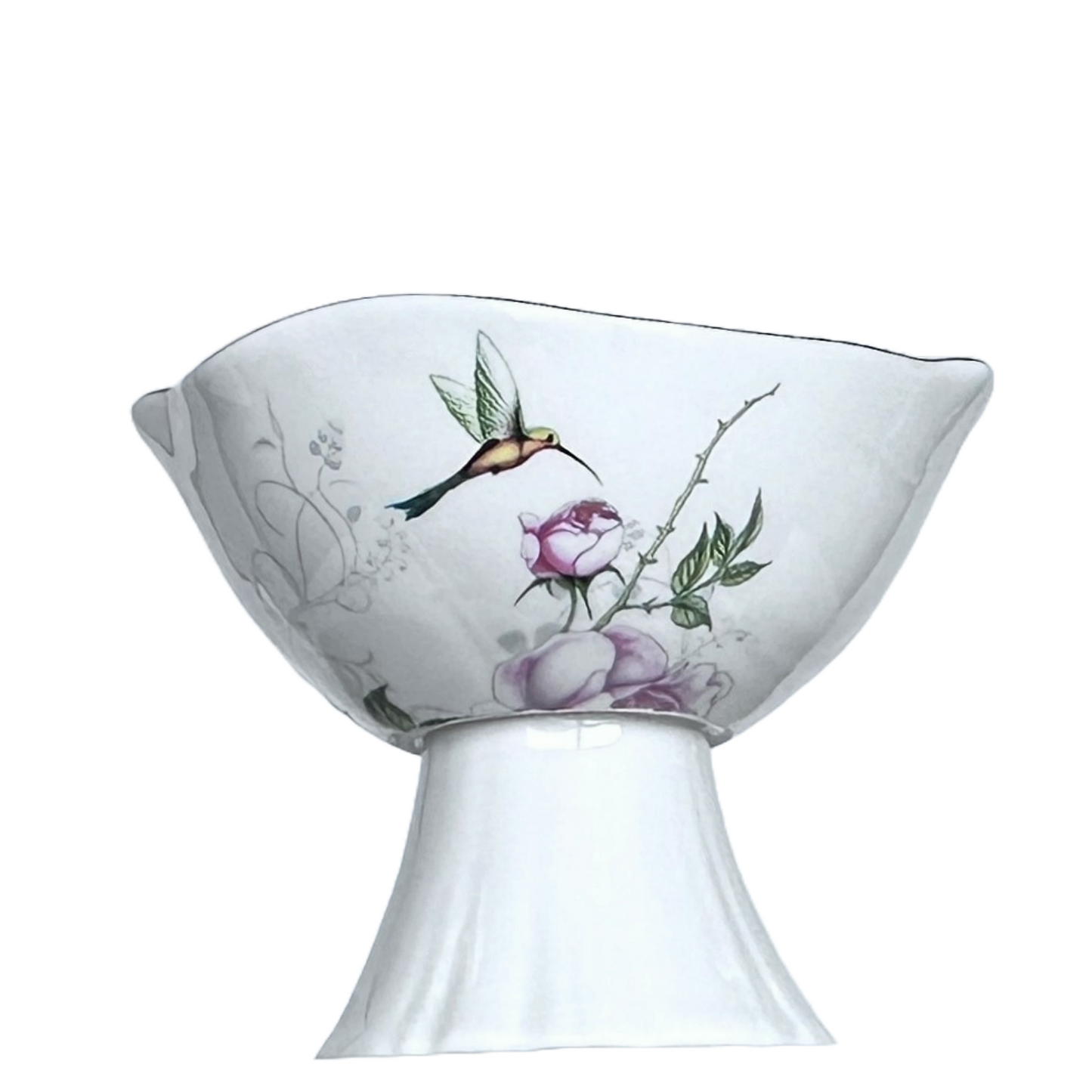 Candy Dish Hummingbird & Pink Flowers Gold Accents Scalloped Rim Gold Songbird