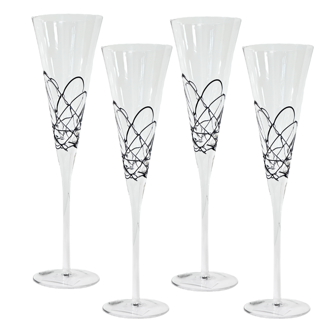Champagne Glass Flute with Raised Black Abstract Swirls Handmade Premium Quality