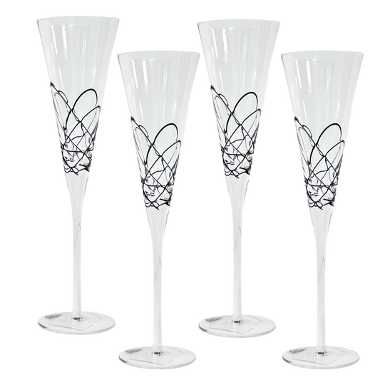 Champagne Glass Flute with Raised Black Abstract Swirls Handmade Premium Quality