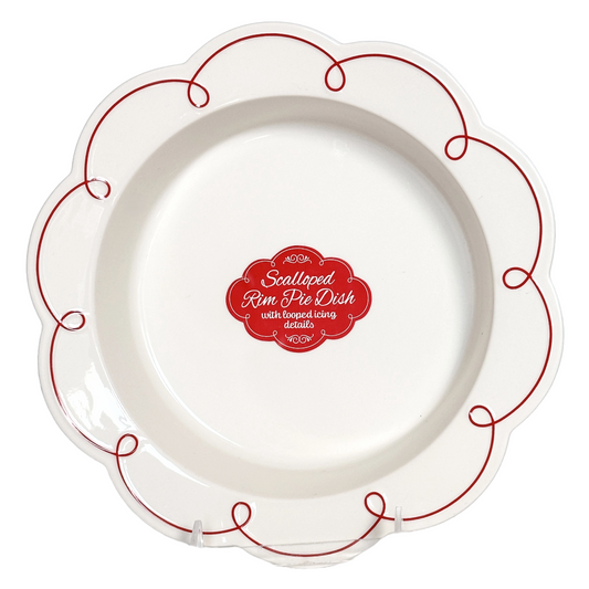 Pie Dish Plate 10" White w/Scalloped Rim & Red Swirl Accent 10 Strawberry Street