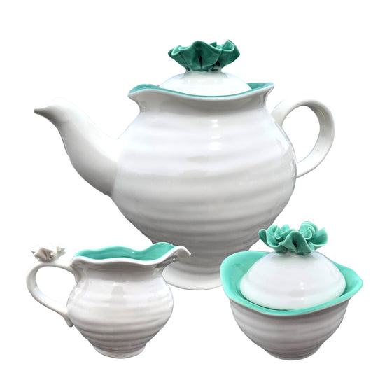 Grace's Teaware 3 PC Tea Set, White Porcelain w/3D Turquoise Floral Lid/Trim
