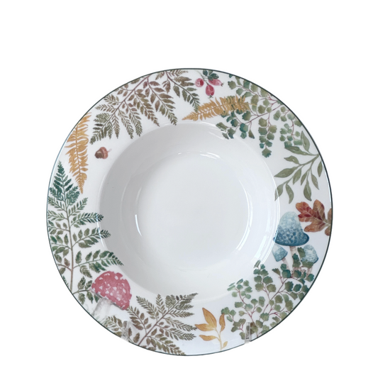 Pasta Soup Bowl White Bone China w/Colorful Forest Mushroom & Fern Rim by Gracie