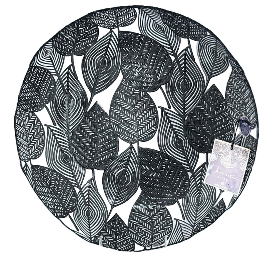 Black Bowl Transparent Glass w/Raised Black Leaves & Wavy Rim Artistic Accents