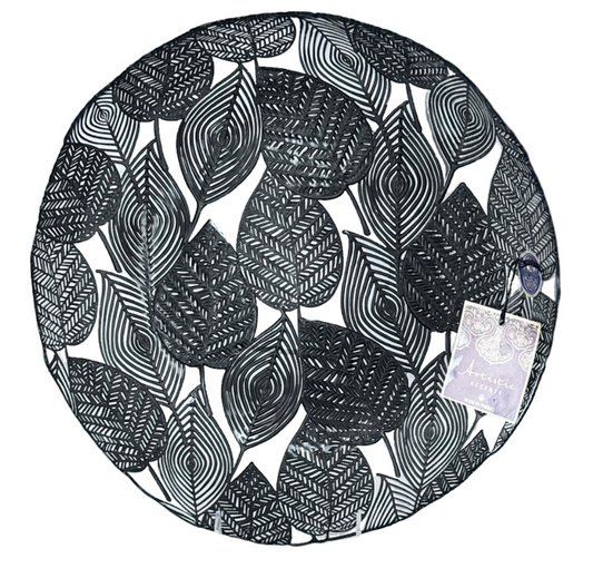 Black Bowl Transparent Glass w/Raised Black Leaves & Wavy Rim Artistic Accents