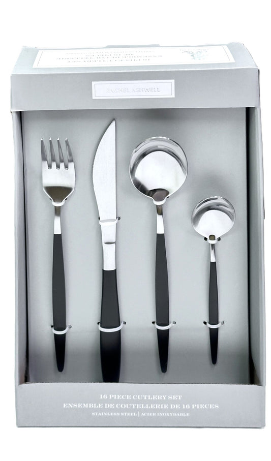 Rachel Ashwell 16 Piece Silver Stainless Steel Cutlery Set w/Black Handle Svs 4
