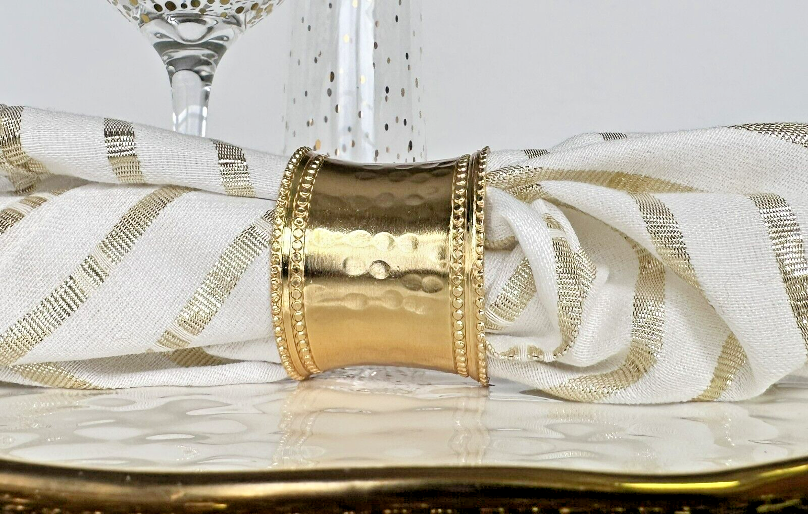 Gold Napkin Rings, Round Band Wide Hammered Cuff with Double Beaded Rim Set of 4