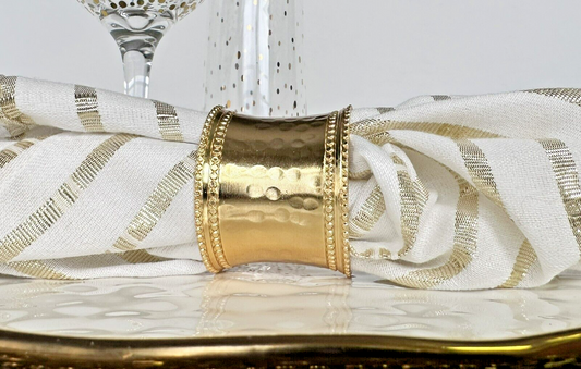 Gold Napkin Rings, Round Band Wide Hammered Cuff with Double Beaded Rim Set of 4