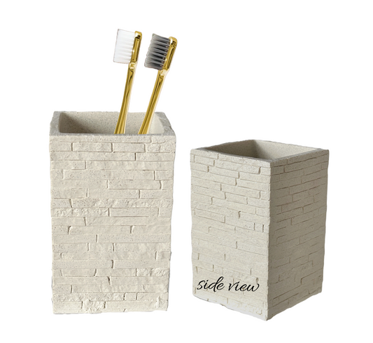 Toothbrush Holder Tan Stacked Stone Brick Pattern Decorative Freestanding