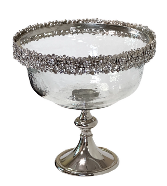 Tall Pedestal Fruit Salad Bowl Clear Glass Silver Base & Silver Crystal Rim