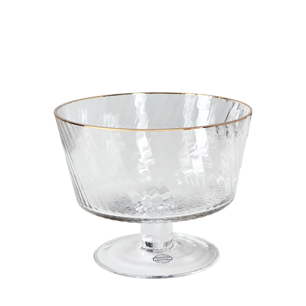 Clear Ribbed Glass Bowl on Pedestal with Gold Rim, for Trifle, Fruit, Salad 6x7"