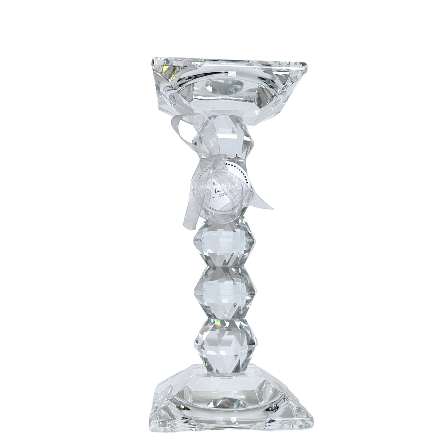 Vidali 8" Crystal Glass Pillar Candle Holder Tall Cascading Body on Square Base