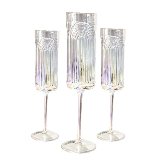 Champagne Glass Flute Iridescent Etched Arches  Mid Century Handmade Set of 3