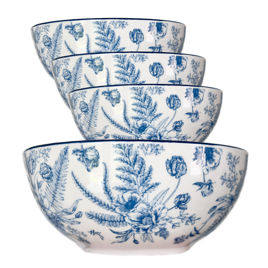Medici Artena Toile 6.25" Salad Side Bowls Blue Floral On White Blue Trim Set/4