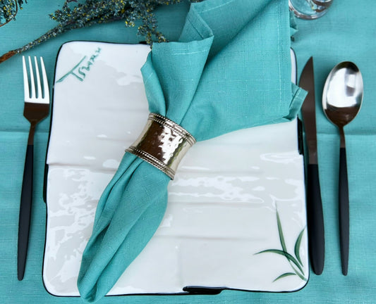 Square White Porcelain Plate Hand Painted Bamboo Leaves & Elegant Black Trim x6