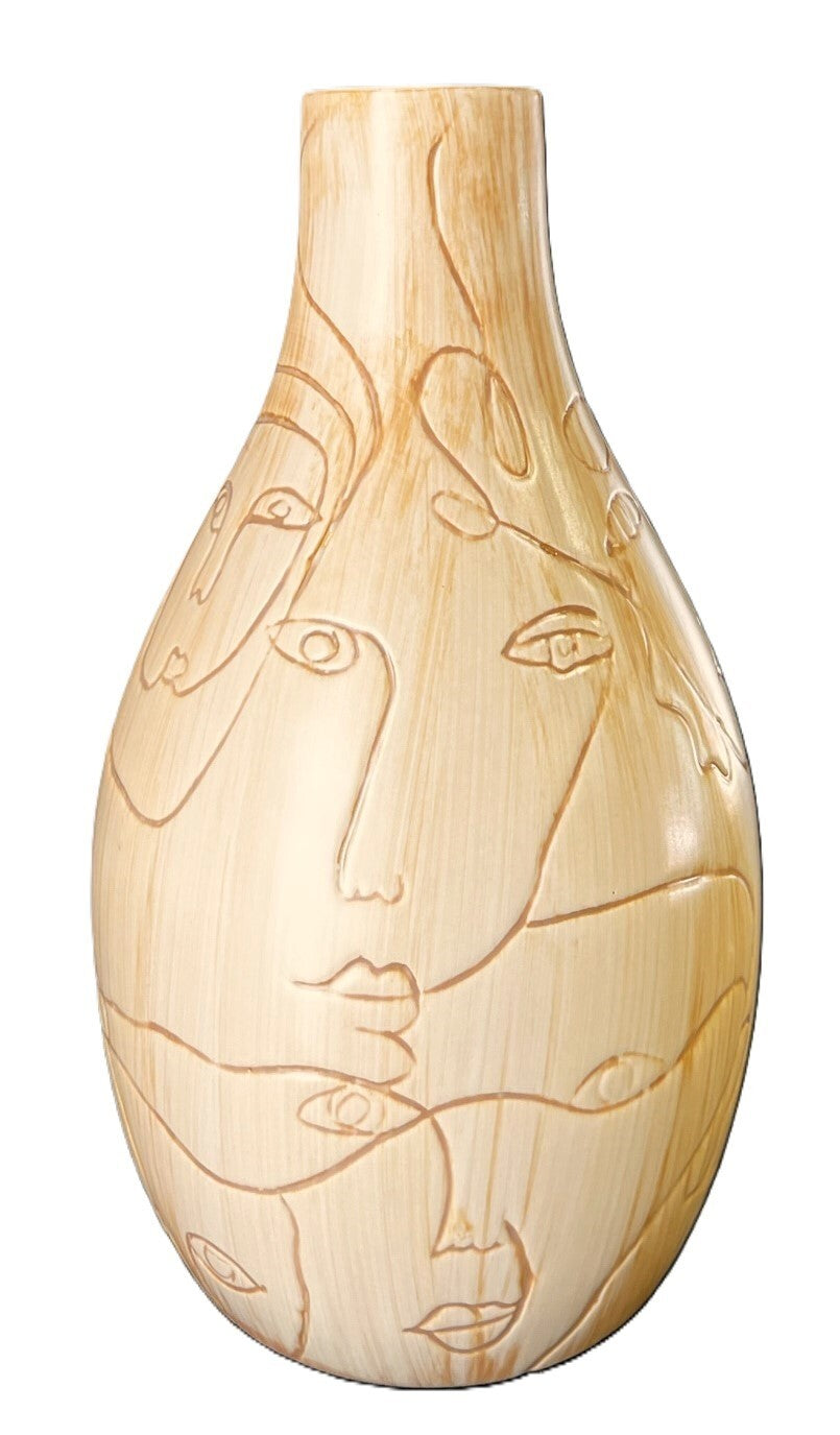 Vase Contemporary Ceramic Gold Yellow w/Faces, Eyes, Lips, by Faiancas Ideal