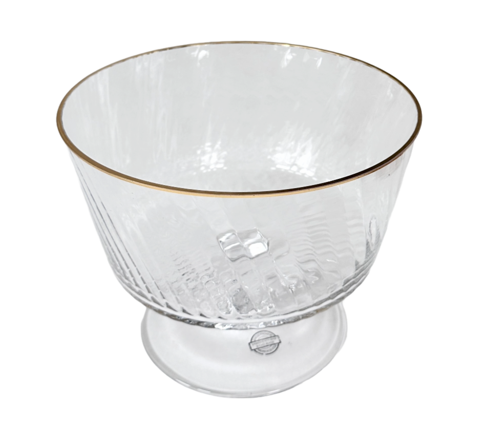 Clear Ribbed Glass Bowl on Pedestal with Gold Rim, for Trifle, Fruit, Salad 6x7"