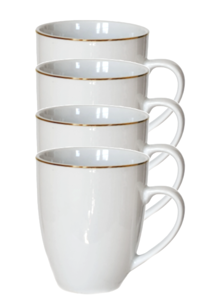 Maison Neuve Sofia Coffee Mugs 12 oz. White Porcelain w/Elegant Gold Rim Set/4