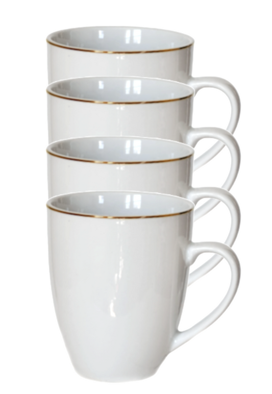 Maison Neuve Sofia Coffee Mugs 12 oz. White Porcelain w/Elegant Gold Rim Set/4