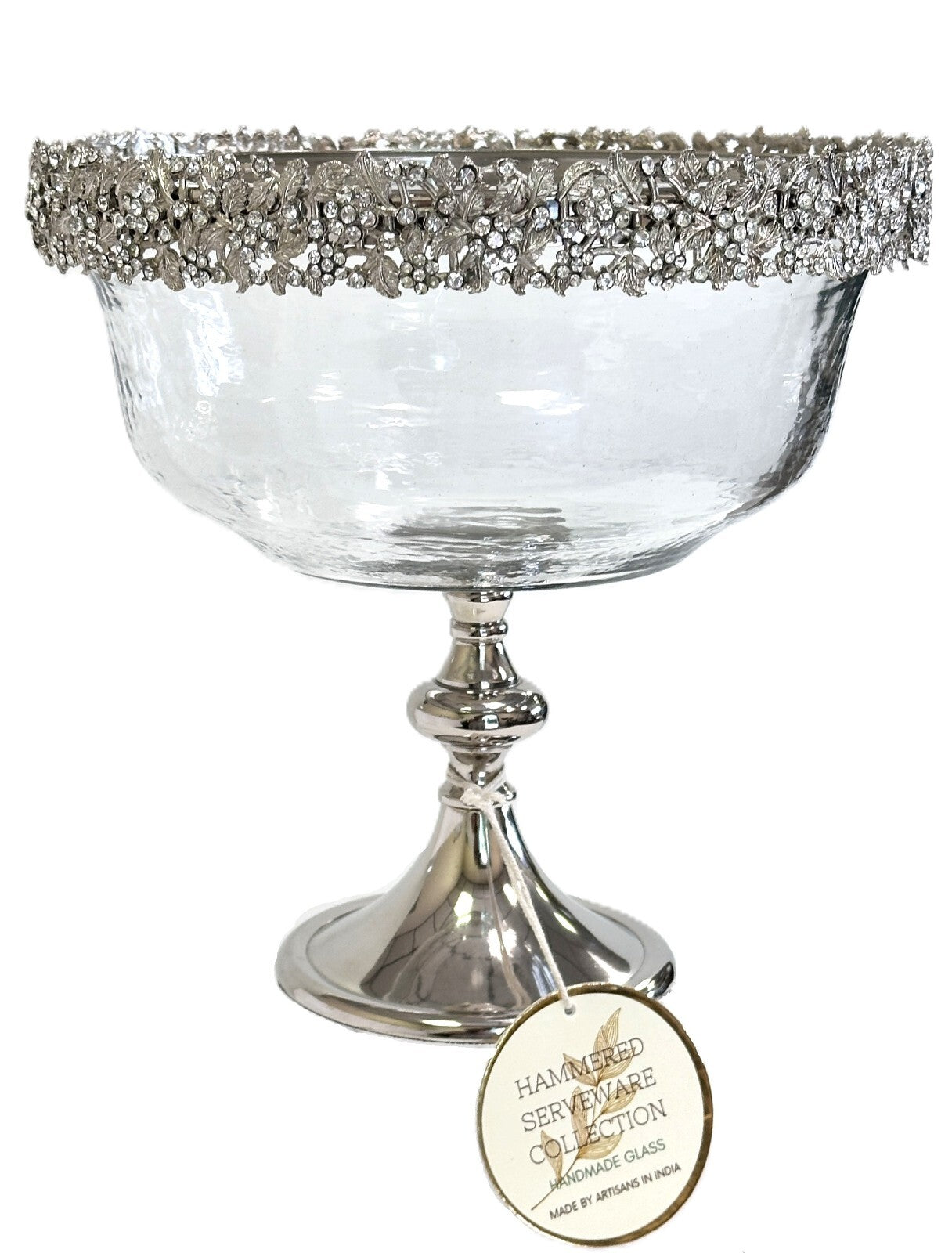 Tall Pedestal Fruit Salad Bowl Clear Glass Silver Base & Silver Crystal Rim