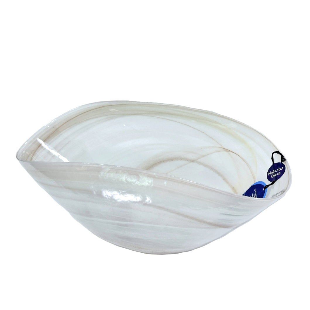 Alabaster Curved Decorated Bowl Hand Decorated Translucent Cream & Taupe Swirls