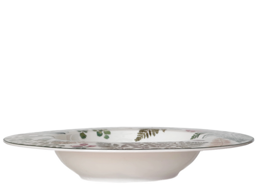 Pasta Soup Bowl White Bone China w/Colorful Forest Mushroom & Fern Rim by Gracie