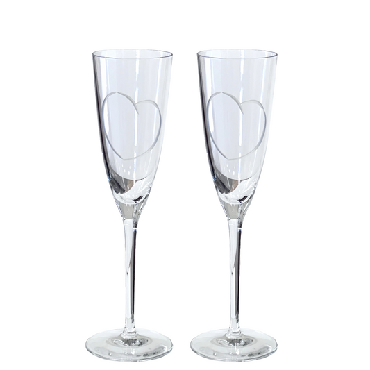 Champagne Glass Flutes w/Etched Heart Cristal D Arques Diamax Lovely H8703 Set/2