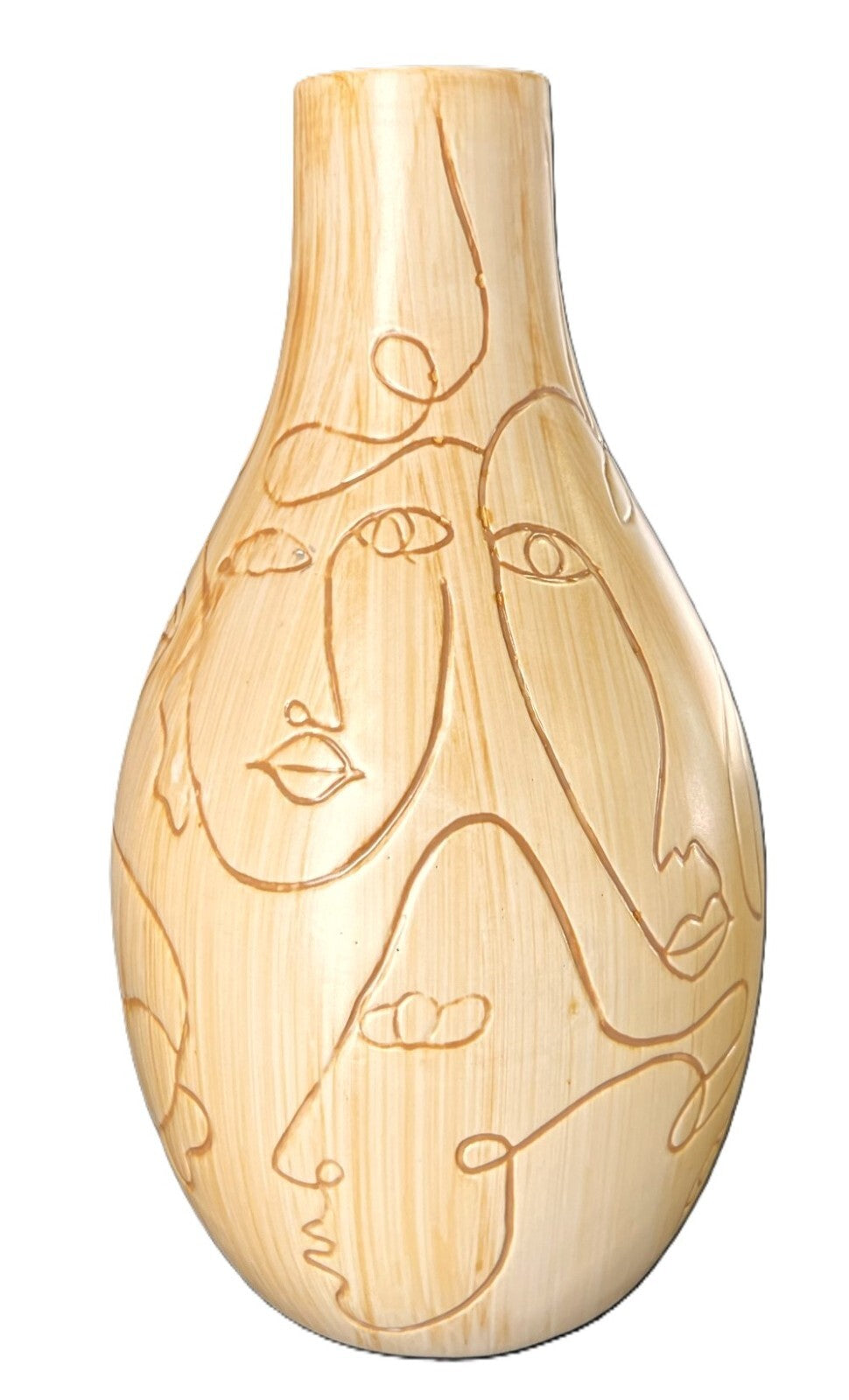 Vase Contemporary Ceramic Gold Yellow w/Faces, Eyes, Lips, by Faiancas Ideal