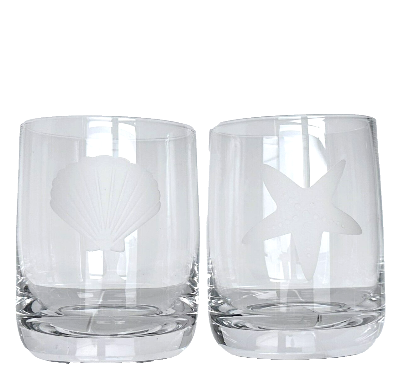 Whiskey Old Fashioned Glass Set of 2 Etched Frosted One Clamshell & One Starfish